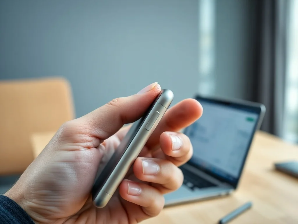 Dłoń trzymająca iPhone’a 16, prezentująca rozmieszczenie przycisków bocznych na tle nowoczesnego biura.