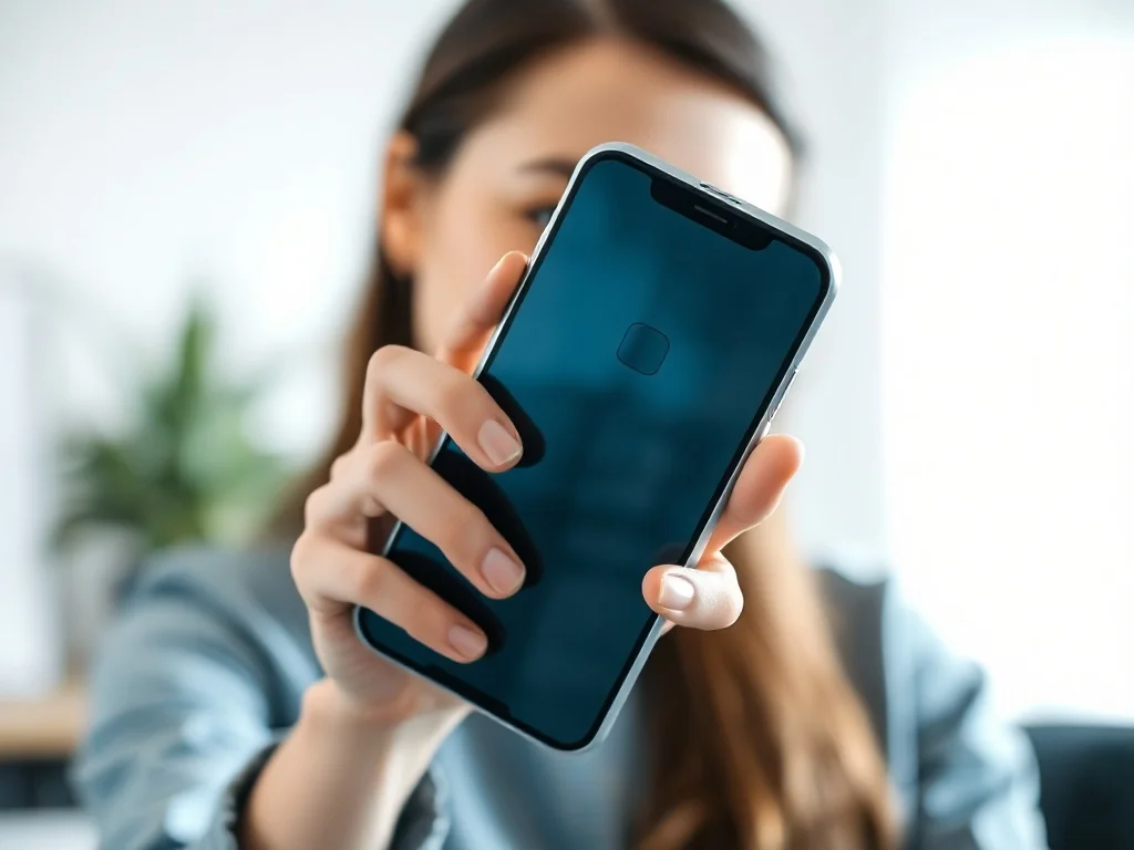 Kobieta trzymająca w dłoni nowoczesny smartfon iPhone 13 na tle minimalistycznego biura.