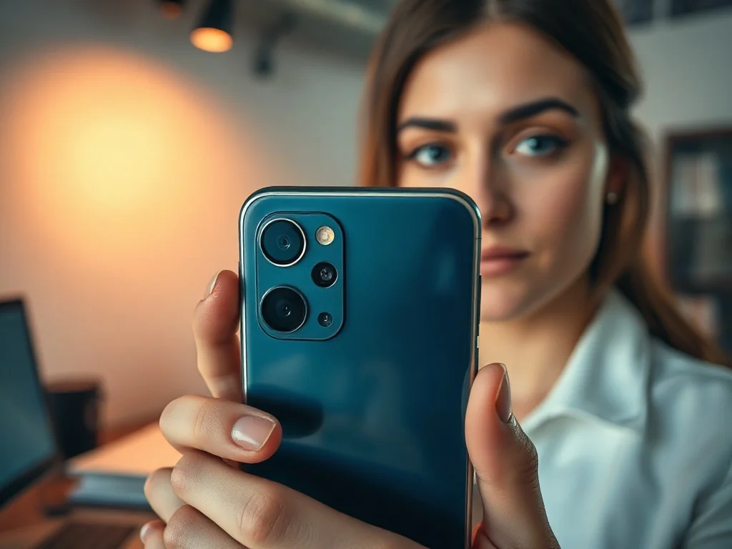 Zbliżenie na nowoczesny smartfon z wyraźnie zaznaczonym obiektywem aparatu i metalową ramką w jasnym biurze.