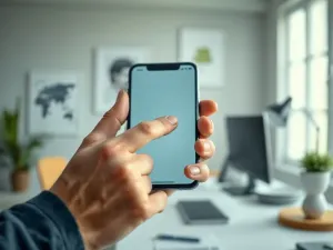 Kobieta trzymająca nowoczesnego iPhone'a z jasnym ekranem w przytulnym domowym biurze.