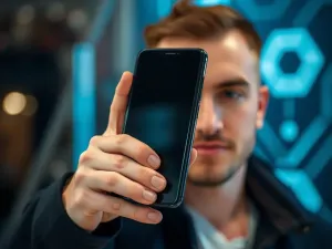 Zbliżenie na nowoczesny smartfon z wyraźnie zaznaczonym obiektywem aparatu i metalową ramką w jasnym biurze.