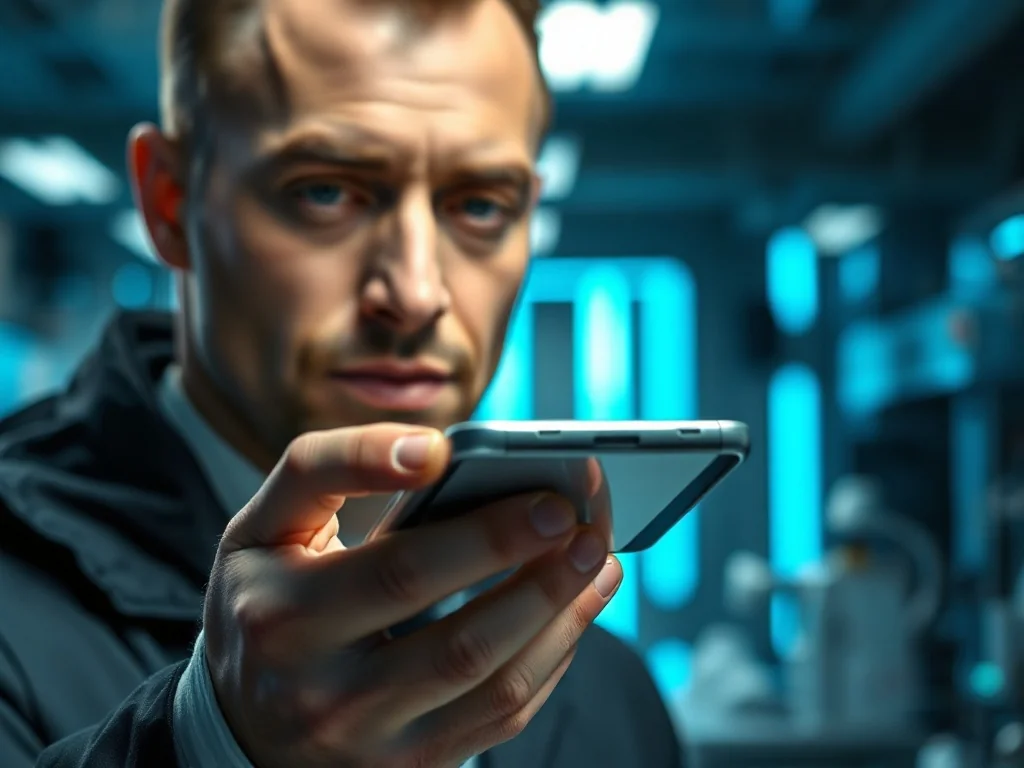 Futurystyczny smartfon z tytanową obudową trzymany w dłoni na tle nowoczesnego laboratorium.