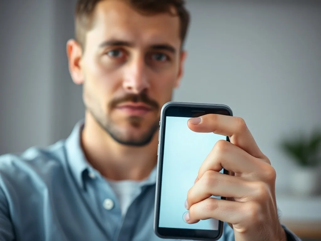 Mężczyzna uruchamia nagrywanie ekranu na nowoczesnym smartfonie w minimalistycznym biurze.