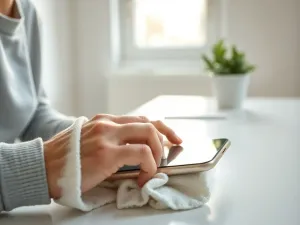 Mężczyzna trzymający w dłoni nowoczesny smartfon o eleganckim designie w minimalistycznym biurze.