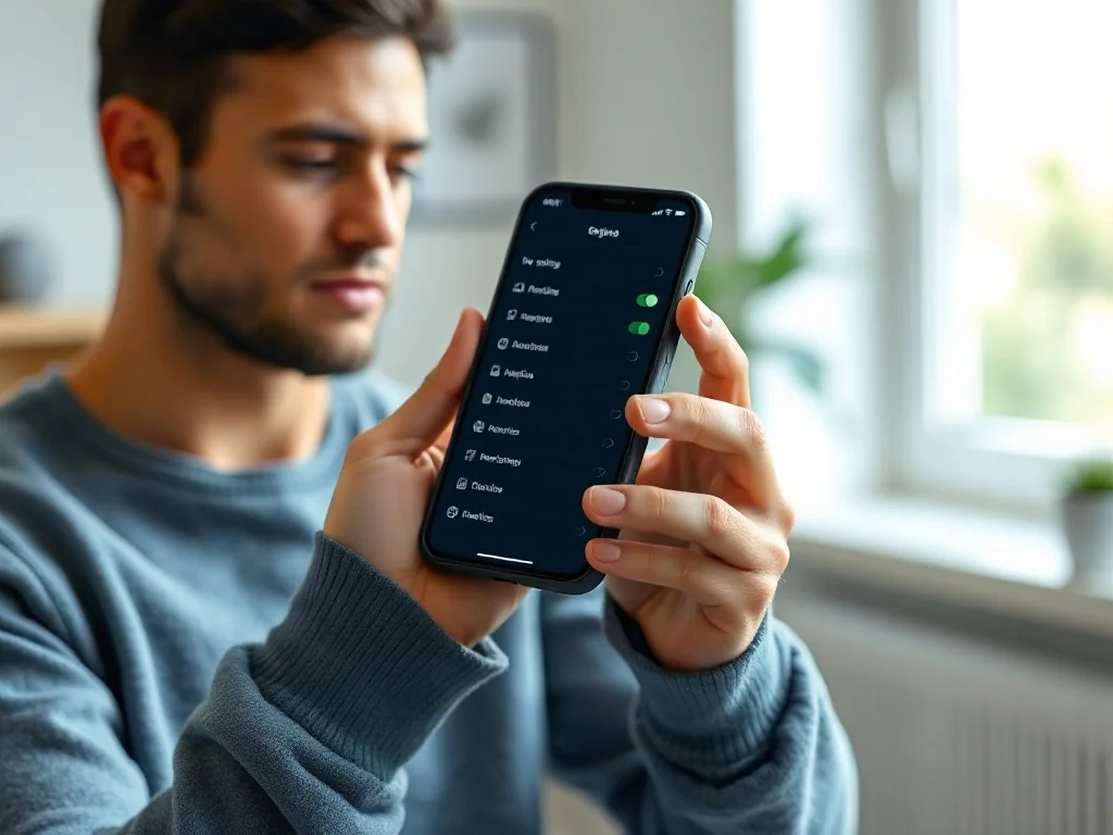 Osoba trzymająca iPhone'a i przeglądająca menu ustawień w przytulnym domowym biurze.