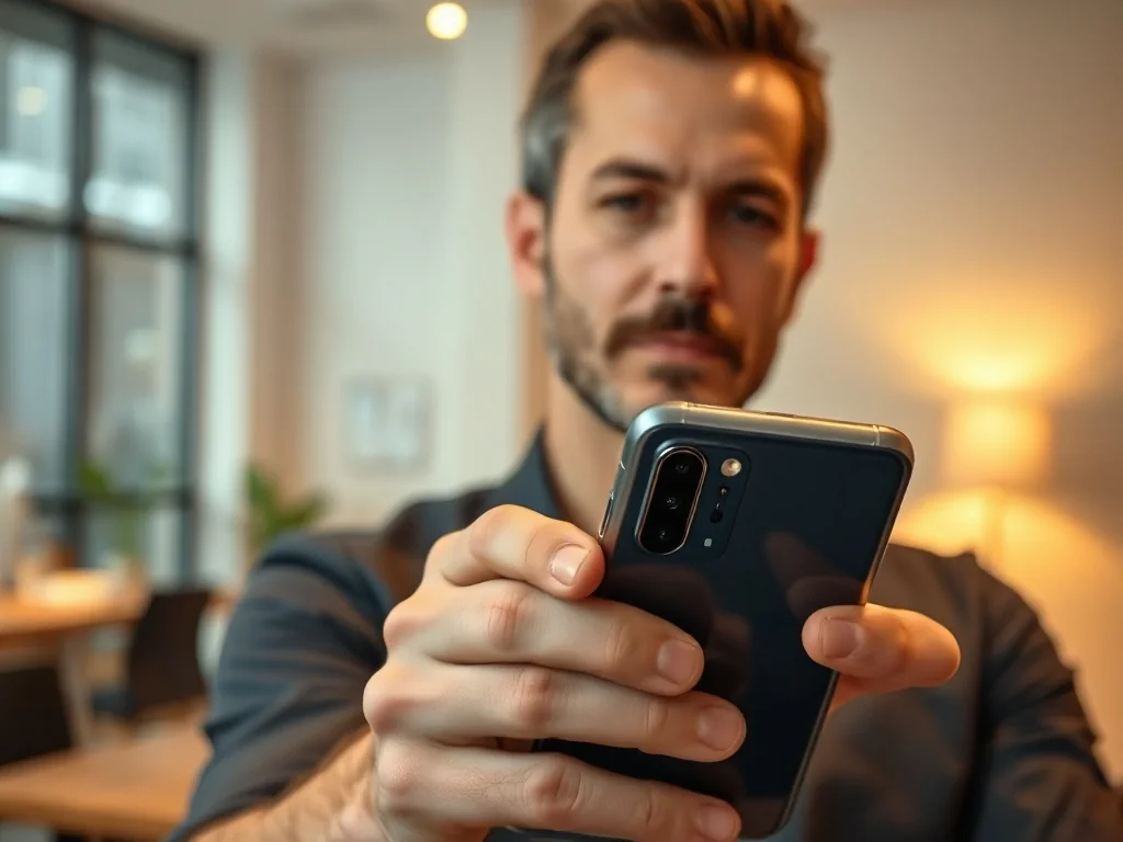 Mężczyzna trzymający w dłoni nowoczesny smartfon o eleganckim designie w minimalistycznym biurze.