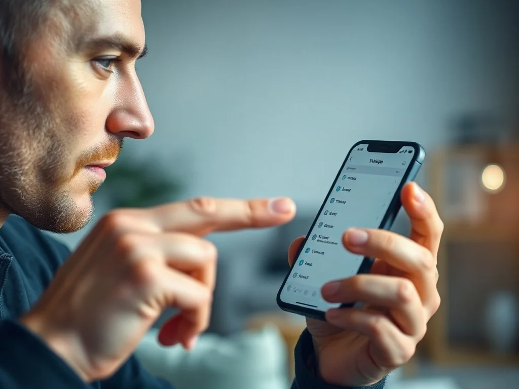 Mężczyzna trzymający iPhone’a w nowoczesnym biurze, nawigujący po ustawieniach telefonu w celu ukrycia aplikacji.