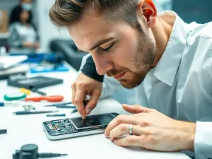 Mężczyzna uruchamia nagrywanie ekranu na nowoczesnym smartfonie w minimalistycznym biurze.