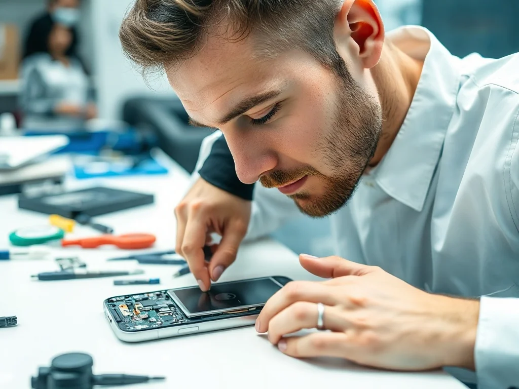 Profesjonalny serwisant wymienia baterię w nowoczesnym smartfonie na uporządkowanym stanowisku pracy.
