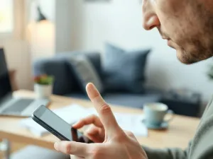 Srebrny iPhone 16 Pro Max z tytanową obudową leżący na marmurowym biurku, prezentujący nowoczesny design i zaawansowany aparat.