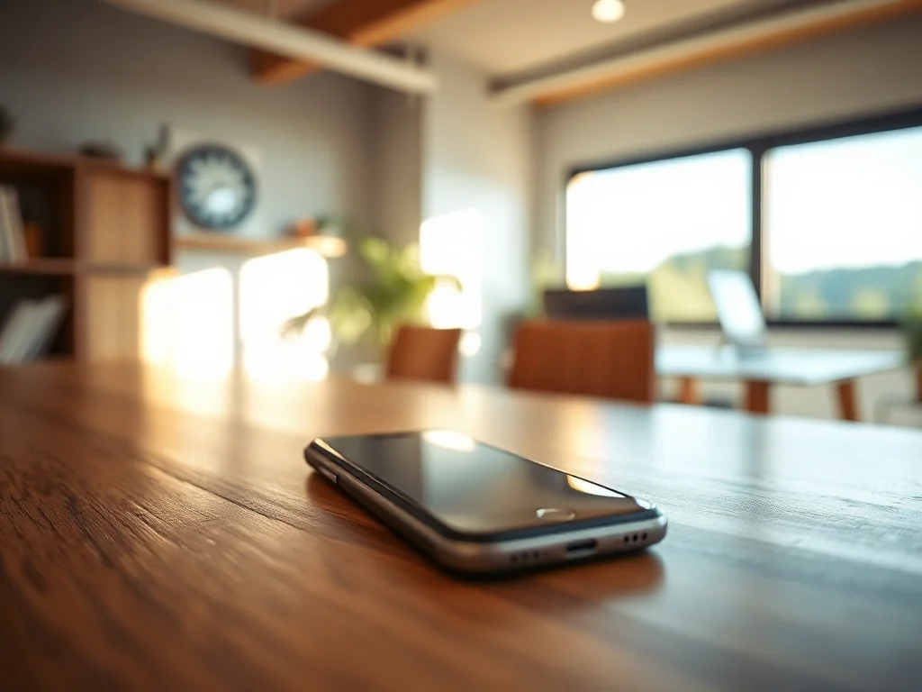 Nowoczesny smartfon iPhone 12 leżący na minimalistycznym drewnianym biurku w jasnym, słonecznym pomieszczeniu.