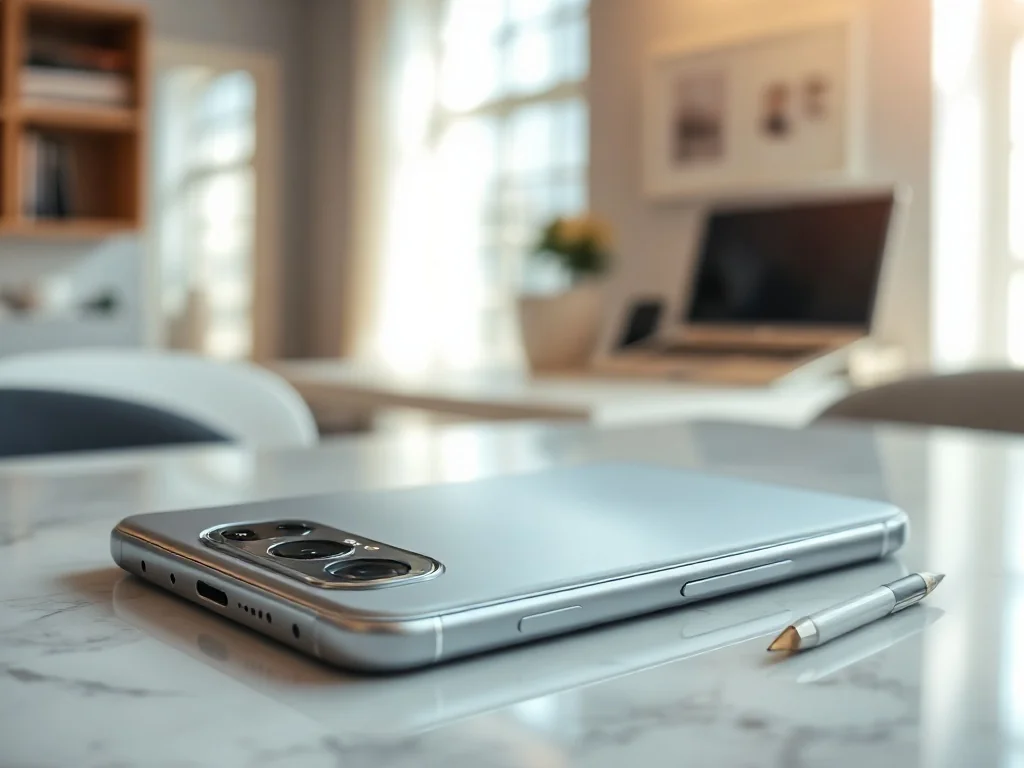 Srebrny iPhone 16 Pro Max z tytanową obudową leżący na marmurowym biurku, prezentujący nowoczesny design i zaawansowany aparat.