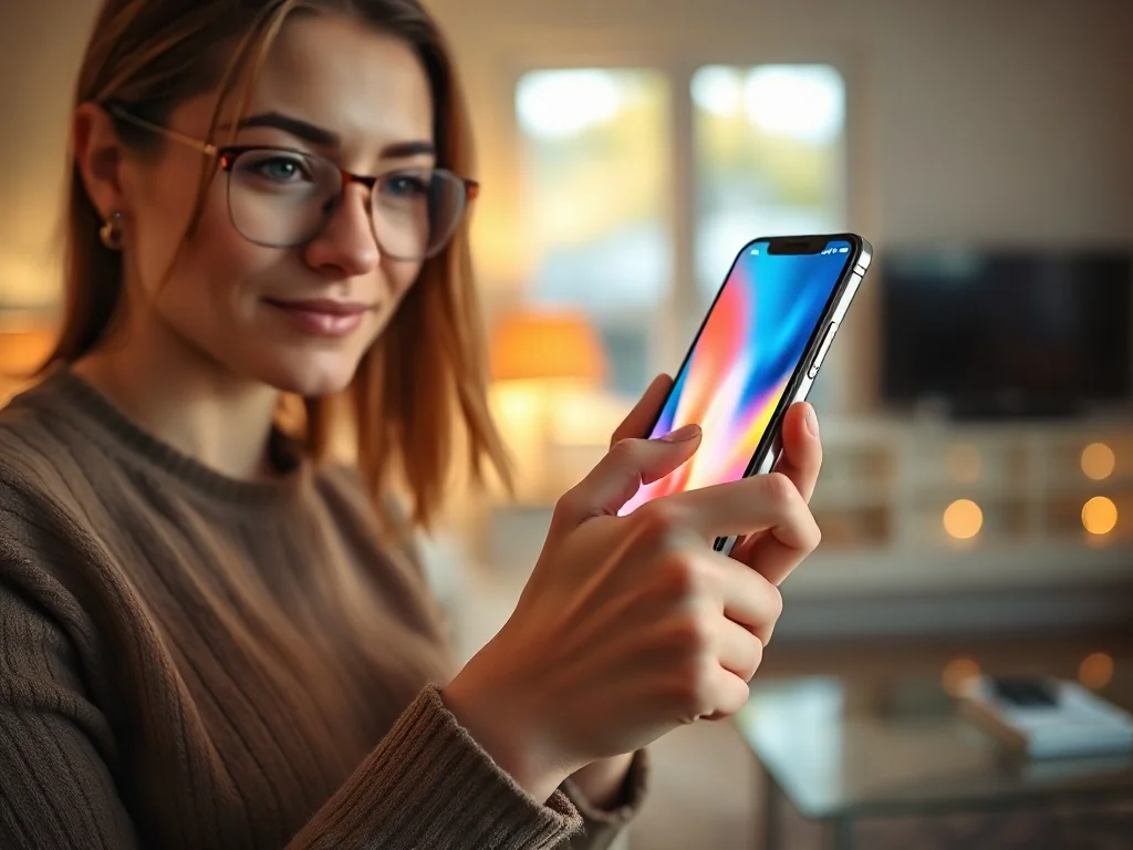 Kobieta personalizująca ustawienia tapety na ekranie nowoczesnego smartfona w przytulnym wnętrzu.
