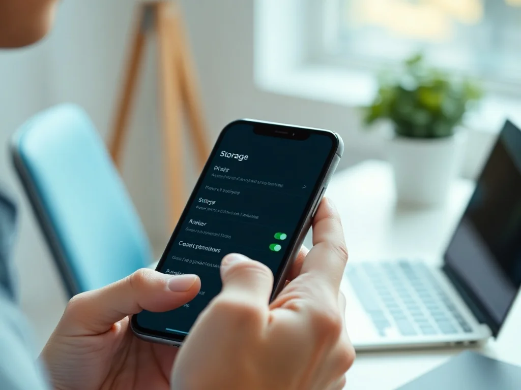 Osoba trzymająca smartfon i sprawdzająca ustawienia pamięci urządzenia w jasnym, minimalistycznym biurze.