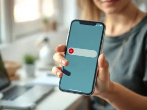 Dłoń trzymająca iPhone’a 16, prezentująca rozmieszczenie przycisków bocznych na tle nowoczesnego biura.