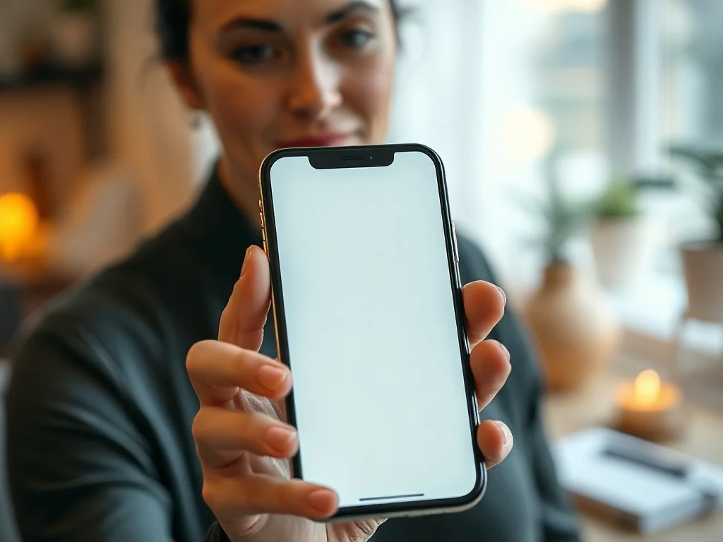 Kobieta trzymająca nowoczesnego iPhone'a z jasnym ekranem w przytulnym domowym biurze.