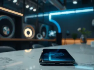 Mężczyzna trzymający iPhone’a w nowoczesnym biurze, co ilustruje proces przygotowania do tworzenia kopii zapasowej.